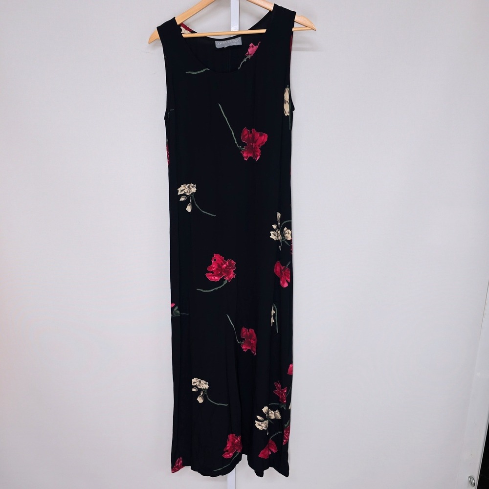 Carol Anderson California Vintage 90s Black Floral Rayon Maxi Dress Medium 4841N